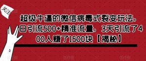 超级牛逼的微信病毒式裂变玩法，日引流500+精准流量，3天引流了400人赚了1500块【揭秘】-网赚资源网