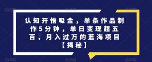 认知开悟吸金,单条作品制作5分钟,单日变现超五百,月入过万的蓝海项目【揭秘】-网赚资源网
