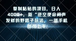 复制粘贴的项目，日入4000+，新“逆空使命“闷声发财的野路子玩法，一部手机即可上手-网赚资源网
