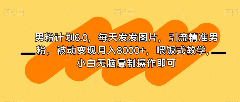 男粉计划6.0，每天发发图片，引流精准男粉，被动变现月入8000+，喂饭式教学，小白无脑复制操作即可 - 网赚资源网-网赚资源网