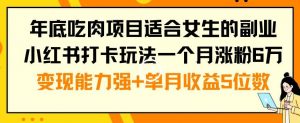 年底吃肉项目适合女生的副业小红书打卡玩法一个月涨粉6万+变现能力强+单月收益5位数【揭秘】-网赚资源网