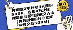 抖音图文单账号3天涨粉5000,变现4万块钱,极简创业粉引流成交大法-网赚资源网