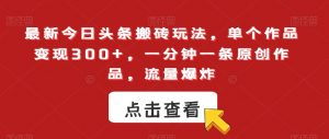 最新今日头条搬砖玩法，单个作品变现300+，一分钟一条原创作品，流量爆炸【揭秘】-网赚资源网