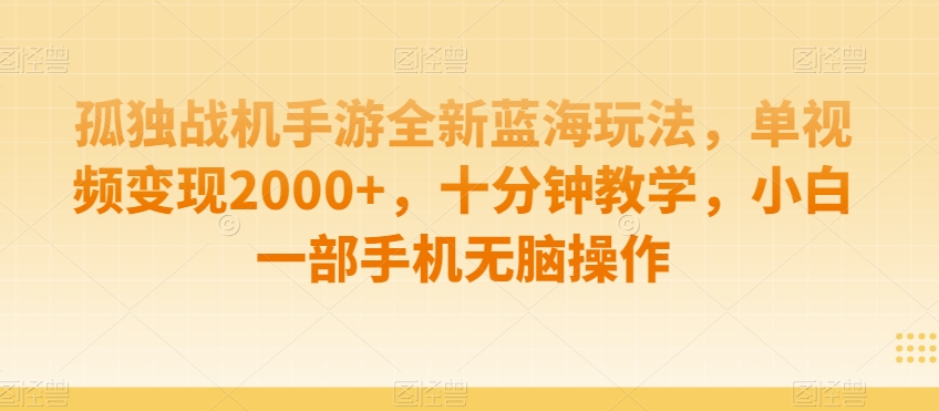 孤独战机手游全新蓝海玩法，单视频变现2000+，十分钟教学，小白一部手机无脑操作【揭秘】 - 网赚资源网-网赚资源网