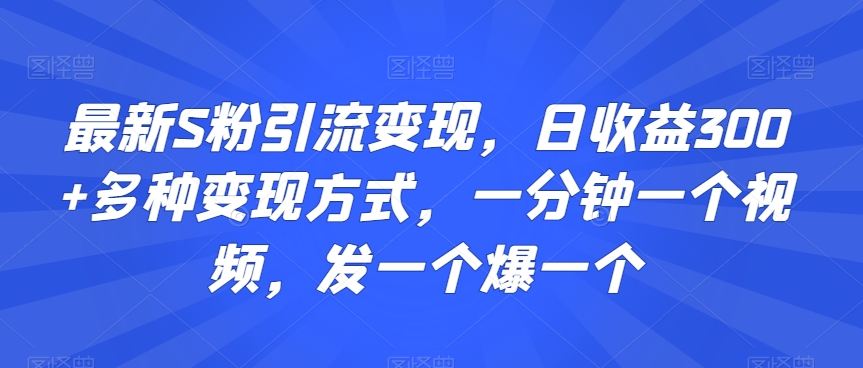 最新S粉引流变现，日收益300+多种变现方式，一分钟一个视频，发一个爆一个【揭秘】-网赚资源网