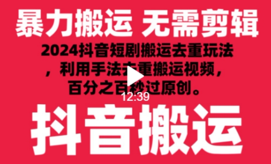 2024最新抖音搬运技术，抖音短剧视频去重，手法搬运，利用工具去重，达到秒过原创的效果【揭秘】 - 网赚资源网-网赚资源网
