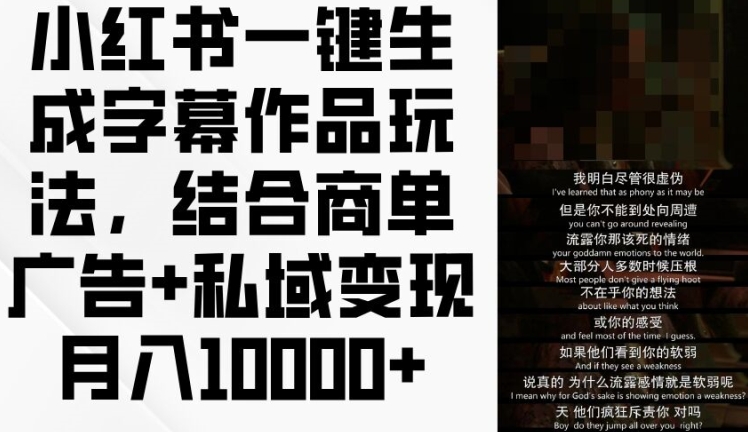 小红书一键生成字幕作品玩法，结合商单广告+私域变现月入1w+【揭秘】 - 网赚资源网-网赚资源网