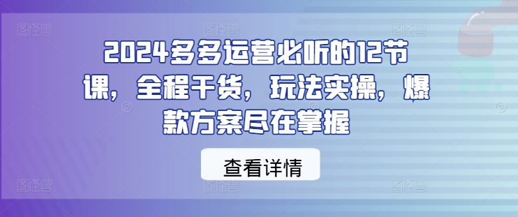 2024多多运营必听的12节课，全程干货，玩法实操，爆款方案尽在掌握 - 网赚资源网-网赚资源网