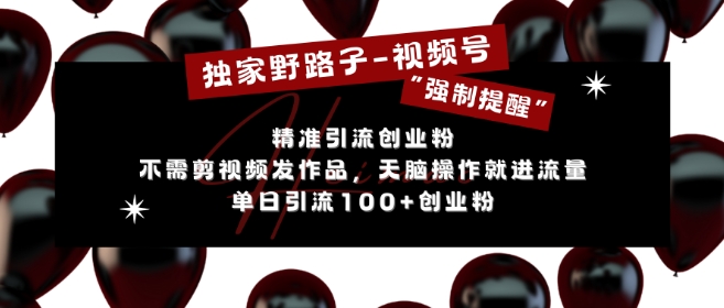 独家野路子利用视频号“强制提醒”，不需剪视频发作品，无脑操作就进流量，单日引流100+创业粉 - 网赚资源网-网赚资源网
