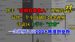 快手“宝妈日常收入”视频连怼，一个小时制作20条视频，评论区上千个“求带”，一条视频引流200+精准创业粉-网赚资源网