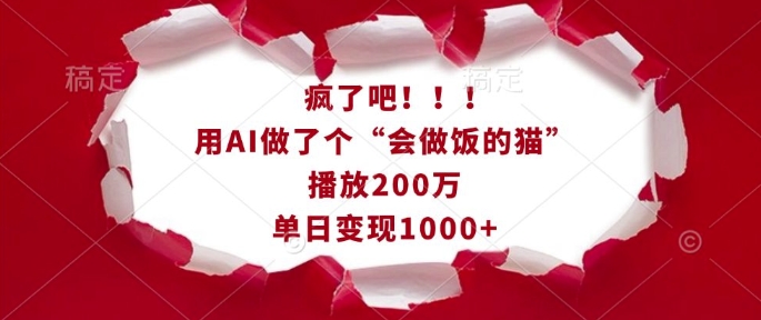 疯了吧！用AI做了个“会做饭的猫”，播放200万，单日变现1k - 网赚资源网-网赚资源网