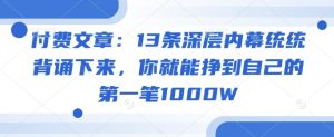 付费文章：13条深层内幕统统背诵下来，你就能挣到自己的第一笔1000W-网赚资源网