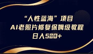 人性蓝海AI老照片修复项目保姆级教程,长期复购,轻松日入5张-网赚资源网