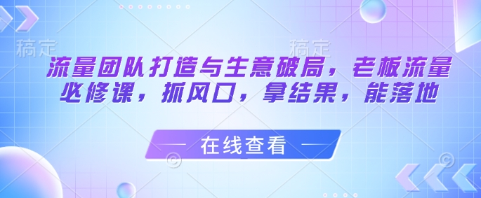 流量团队打造与生意破局，老板流量必修课，抓风口，拿结果，能落地 - 网赚资源网-网赚资源网