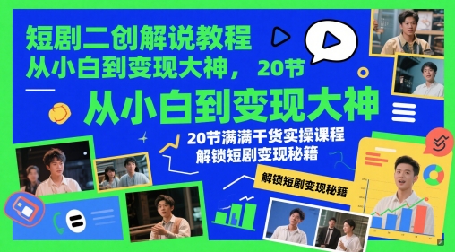 短剧二创解说教程，从小白到变现大神，20节满满干货实操课程，解锁短剧变现秘籍-网赚资源网