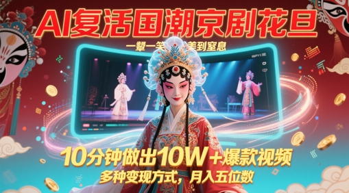 AI复活国潮京剧花旦，一颦一笑美到窒息，10分钟做出10W+爆款视频，多种变现方式，月入五位数 - 网赚资源网-网赚资源网