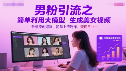 男粉引流之简单利用大模型生成美女视频，条条原创爆款，简单上传制作，变现日1k+ - 网赚资源网-网赚资源网