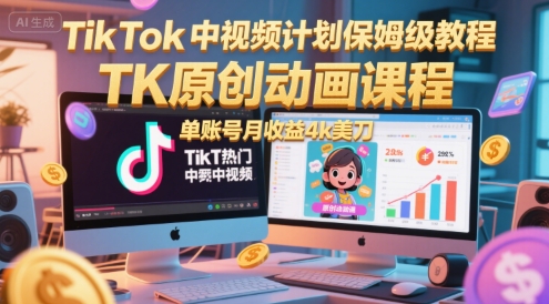 TikTok中视频计划保姆级教程，TK原创动画课程，单账号月收益4k美刀 - 网赚资源网-网赚资源网