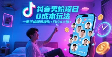 抖音男粉项目0成本玩法，一部手机即可操作，日均4张+，时间自由 - 网赚资源网-网赚资源网