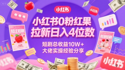 小红书0粉红果短剧拉新日入4位，数短剧总收益10W+大佬实操经验分享 - 网赚资源网-网赚资源网