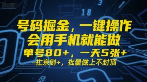 号码掘金，一键操作，会用手机就能做，单号80+，一天5张+，批量做上不封顶【揭秘】 - 网赚资源网-网赚资源网