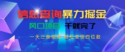 信息查询暴力掘金，一天三条视频，轻松变现四位数，风口项目干就完了【揭秘】 - 网赚资源网-网赚资源网
