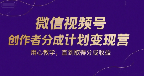 微信视频号创作者分成计划变现营，用心教学，直到取得分成收益 - 网赚资源网-网赚资源网