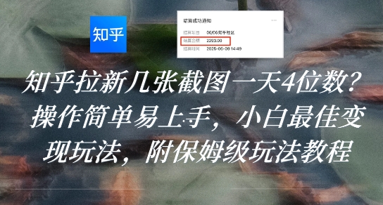 知乎拉新几张截图一天4位数？操作简单易上手，小白最佳变现玩法，附保姆级玩法教程-网赚资源网