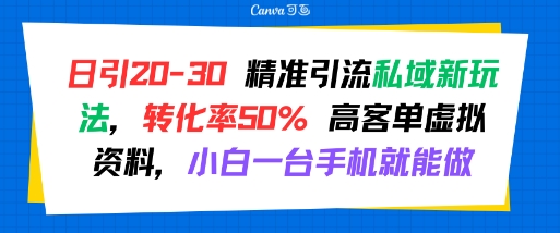 日引 20-30 精准引流私域新玩法，转化率50% 高客单虚拟资料，小白一台手机就能做-网赚资源网