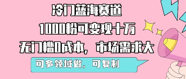 冷门蓝海赛道，1000粉可变现十W，无门槛0成本，市场需求大，可多领域做，可复制性强-网赚资源网