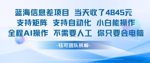 蓝海信息差项目当天收米1k+ 支持矩阵支持自动化小白能操作全程AI操作不需要人工你只要会电脑-网赚资源网