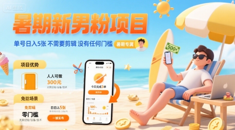 暑期新男粉项目 单号日入5张 不需要剪辑  没有任何门槛-网赚资源网