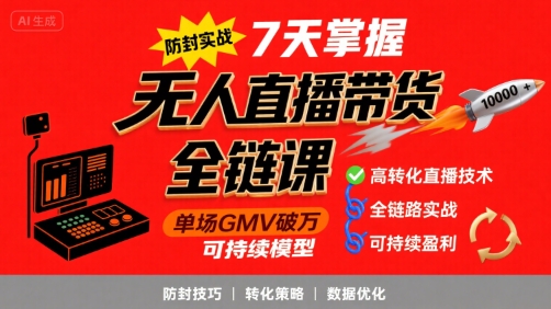 无人直播带货全链防封实战课，7天掌握高转化直播技术，实现单场GMV破万可持续模型-网赚资源网
