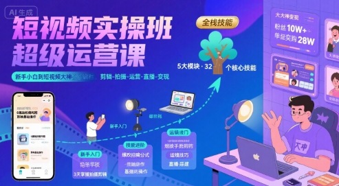 短视频实操班超级运营课，新手小白到短视频大神必修课程，剪辑-拍摄-运营-直播-变现-网赚资源网