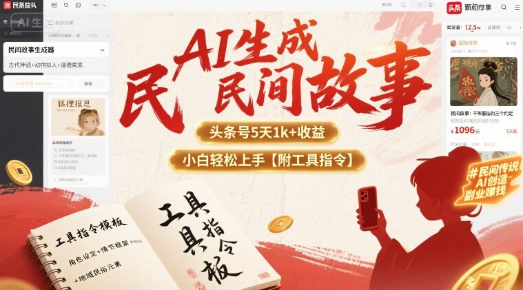 AI生成民间故事，头条号5天1k+，小白轻松上手【附工具指令】-网赚资源网