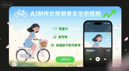 AI制作女孩骑单车治愈视频，流量大，起号快，快速起千粉万粉号-网赚资源网