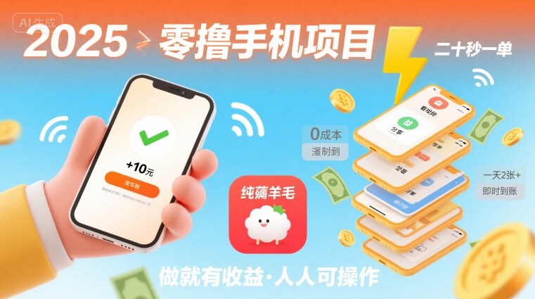 2025年零撸手机项目，二十秒一单，纯薅羊毛 一天2张+做就有【揭秘】-网赚资源网