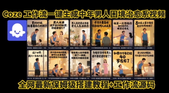 coze工作流一键生成”中年男人困境扎心高涨粉高播放量图文视频”保姆级拆解教程，无需剪辑，无需拍摄写文案-网赚资源网
