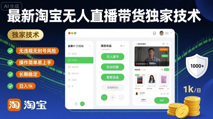 最新淘宝无人直播带货独家技术，无违规无封号风险，操作简单易上手，长期稳定日入1k【揭秘】-网赚资源网