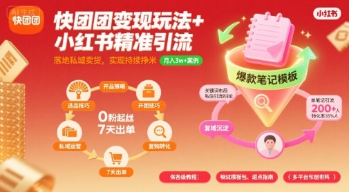 快团团变现玩法+小红书精准引流技巧，助你真正落地私域卖货，实现持续挣米-网赚资源网