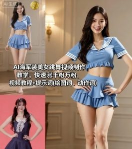 AI海军装美女跳舞视频制作教学，快速涨千粉万粉，视频教程+提示词(绘图词、动作词)-网赚资源网