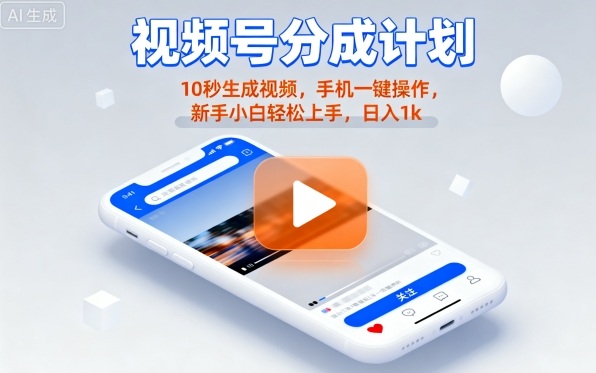 视频号分成计划懒人玩法，10秒生成视频，手机一键操作，新手小白轻松上手，日入1K【揭秘】-网赚资源网