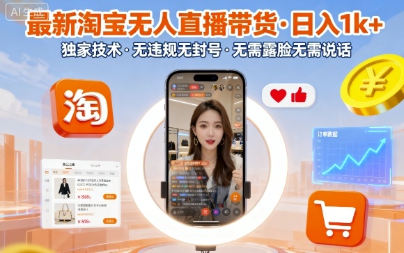 最新淘宝无人直播带货，日入1k+，独家技术，无违规无封号，无需露脸无需说话【揭秘】-网赚资源网