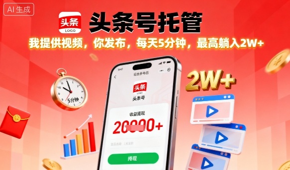 【头条号托管】我提供视频，你发布，每天5分钟，最高躺入2W+【揭秘】-网赚资源网