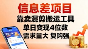 信息差项目，靠卖混剪搬运工具，单日变现4位数，需求量大，复购强，操作简单，几分钟一条视频 - 网赚资源网-网赚资源网