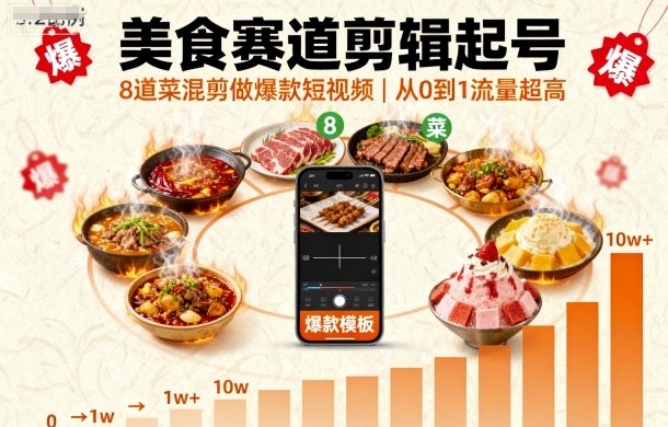 美食赛道剪辑起号，8道菜混剪做爆款短视频，从0到1，流量超高-网赚资源网