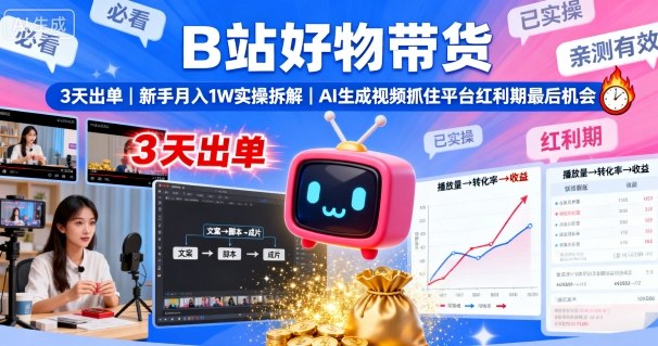 B站好物带货，3天出单，新手月入1W实操拆解，AI生成视频，抓住平台红利期最后机会-网赚资源网