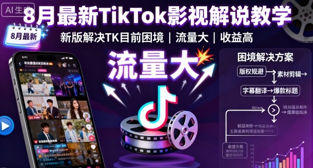 8月最新TikTok影视解说教学，新版解决TK目前困境，流量大，收益高-网赚资源网