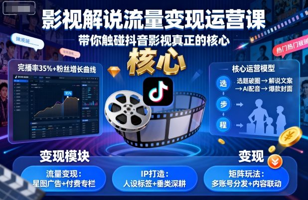 影视解说流量变现运营课，带你触碰抖音影视真正的核心-网赚资源网