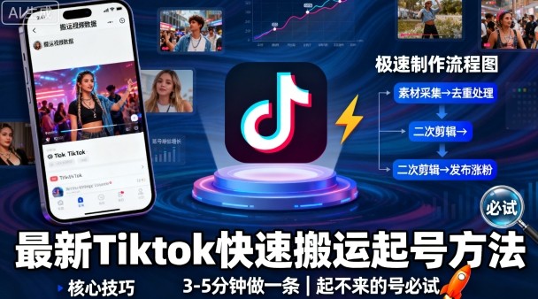 最新Tiktok快速搬运快速起号方法，3-5分钟做一条，起不来的号可以试试-网赚资源网